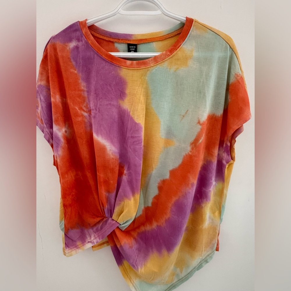 SHEIN  tie dye asymetrical Orange Purple Yellow Mint Tie-Dye Short Sleeve Top